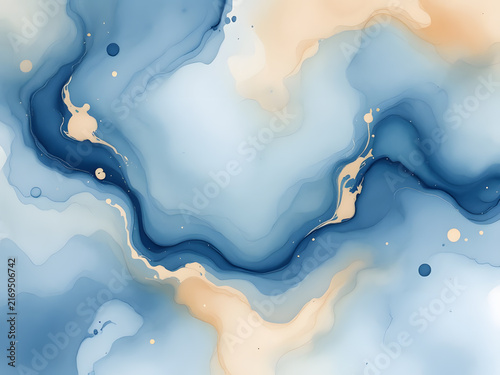 Abstract Blue and Gold Fluid Art with Marbled Texture