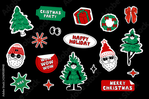 Cool Christmas Doodle Sticker Pack with Santa Claus and Girl in Christmas Tree Costume. Ideal for Holiday Planner Stickers, Gift Packaging Badges, Social Media Pins, and Merch Prints