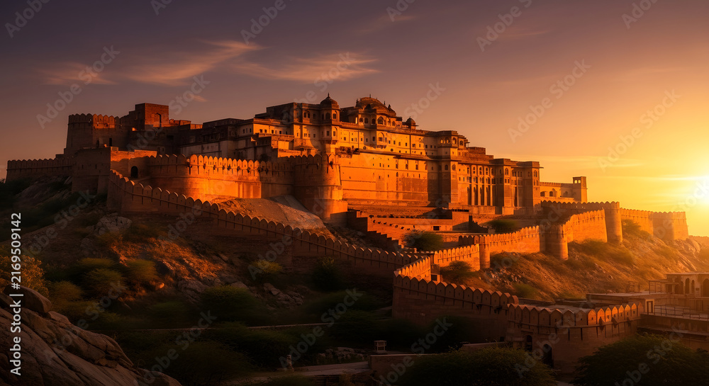 Obraz premium Ancient Fortress Bathed in Golden Sunset Light.