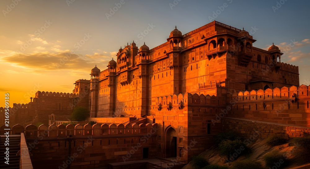 Obraz premium Ancient Fortress Glowing in Golden Sunset Light.