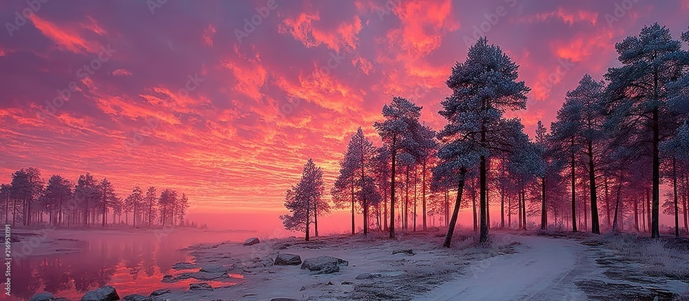 Obraz premium A snowy landscape at dawn with snow-covered trees, lake, and a vibrant pink and orange sky
