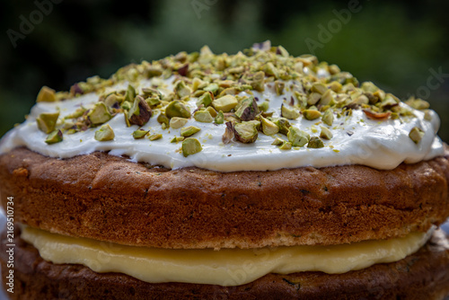 A close up of a home baked sponge cake, with selective focus