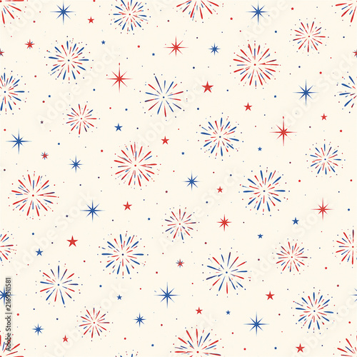 Festive red and blue fireworks seamless pattern with scattered bursts and tiny stars on a warm white background for patriotic celebrations party fabric wallpaper wrapping paper and holiday decor