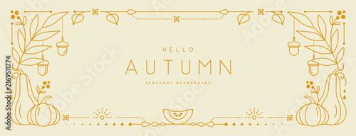 Seasonal autumn modern frame or holiday greeting card on white background with pumpkins and floral elements. Line art vector illustration