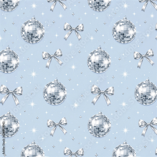 Sparkling silver disco ball seamless pattern with mirrored ornaments metallic bows and stars on pale blue for new year parties winter celebrations fabric wallpaper wrapping paper and glamorous decor