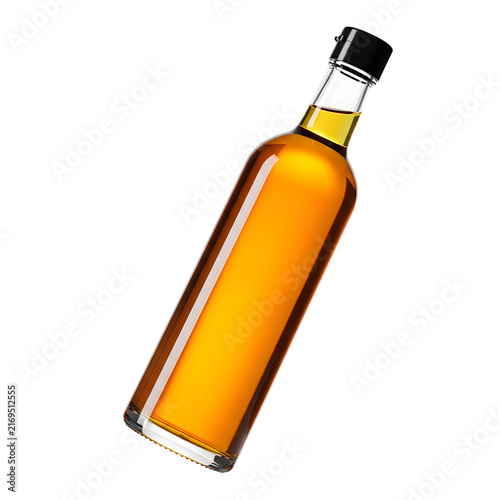 Golden Elixir in a Bottle: A clear glass bottle filled with a rich, amber liquid, possibly whiskey or fine oil, stands ready for use, its contents catching the light.