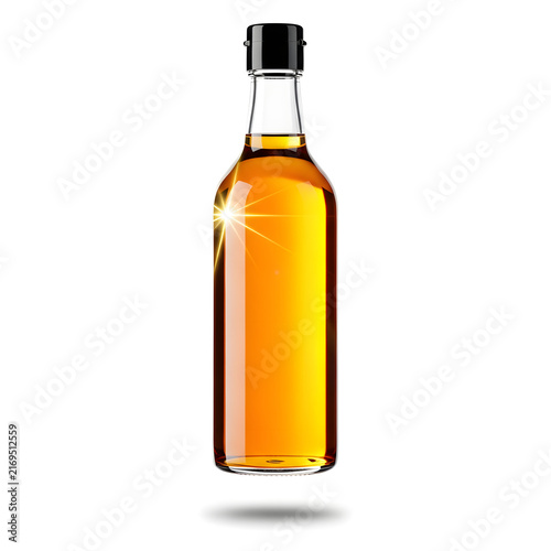 Amber Elixir in a Bottle: A clear glass bottle filled with a rich, amber-colored liquid, perhaps a fine spirit or oil, elegantly displayed.