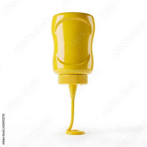 Mustard Bottle Dispensing Condiment: A classic yellow mustard bottle with a twist-off cap stands ready to dispense its tangy condiment, forming a perfect droplet on a clean surface.