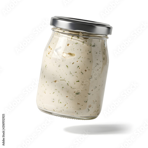 Creamy Dip in Jar: A glass jar filled with a creamy, herb-infused dip, sealed with a silver lid, appears to float mid-air against a plain background, hinting at delicious culinary possibilities.