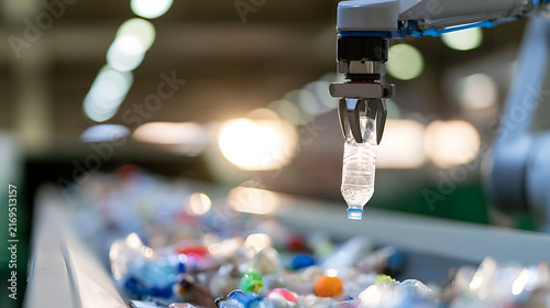 Automated robotic arm sorting plastic bottle in industrial recycling facility plant with conveyor belt waste management system technology