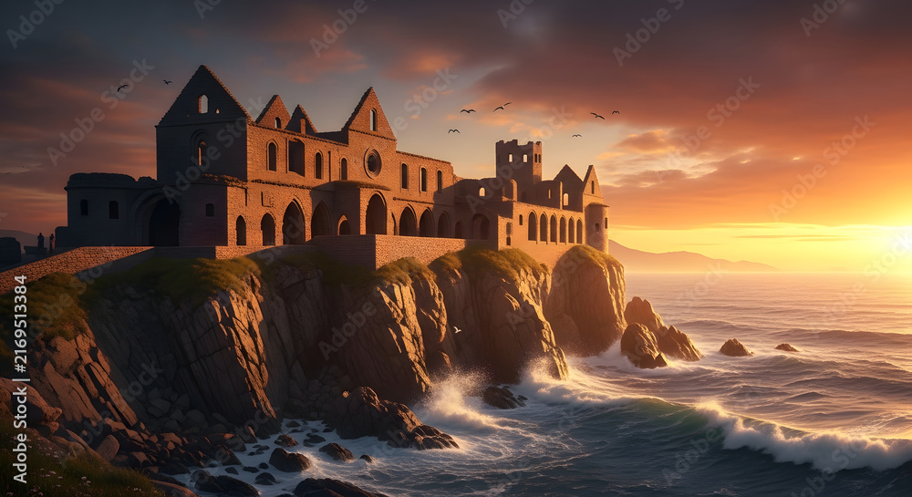 Obraz premium Historic Castle Perched on Rocky Cliff by Ocean.