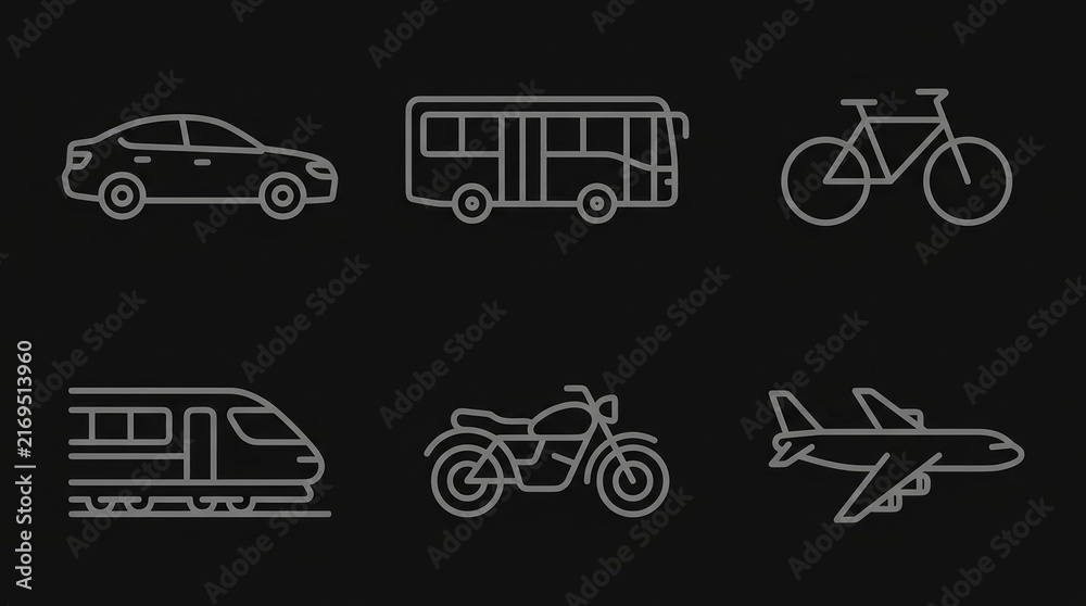 Naklejka premium A collection of transit and conveyance icons including car, bus, bicycle, train, motorcycle, and airplane.