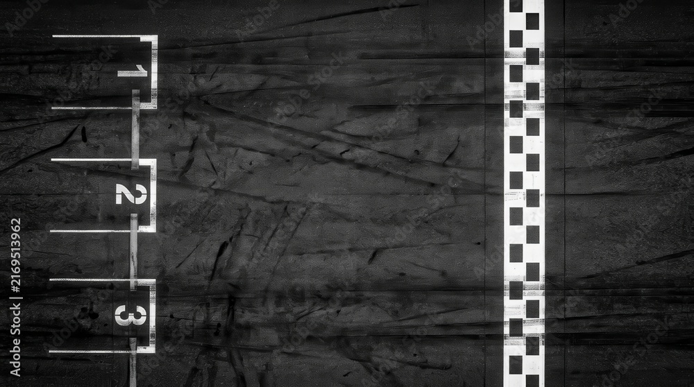 Fototapeta premium Top view of the start and finish line on a professional racing track asphalt road.