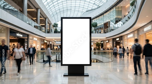 Vertical black advertising mockup billboard mounted in a busy shopping mall interior.