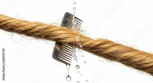 Wet Golden Brown Hair Strands Being Combed by Metal Tool with Water Droplets Falling