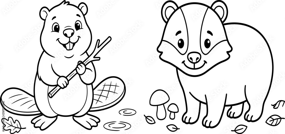 Obraz premium Cute cartoon beaver and badger animals for children coloring book page line art illustration