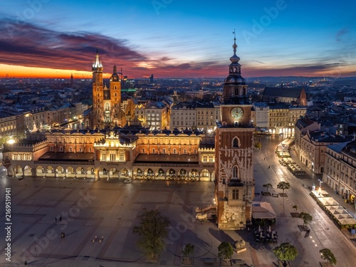 Krakow Main Market Square at blue hour, Poland