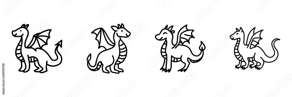 Fototapeta premium Dragon Hand Drawn Doodle Icon Set. Fantasy Creature Sketch Symbol Collection. Mythology And Children Story Use. Isolated Vector Illustration