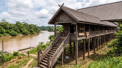 Traditional longhouse architectural wonder built on stilts along the riverbank in the dense tropical rainforest