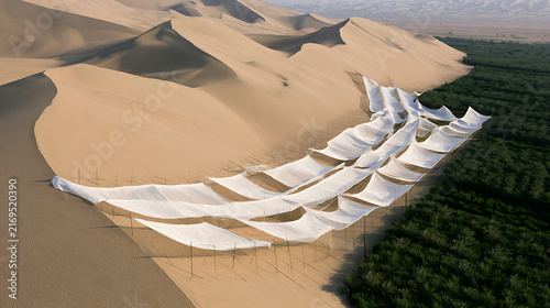 Aerial view of large white shade nets protecting green crops from sand dunes and desert encroachment in an arid region landscape nature