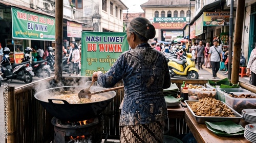 Traditional Indonesian street food vendor cooking in a bustling local market