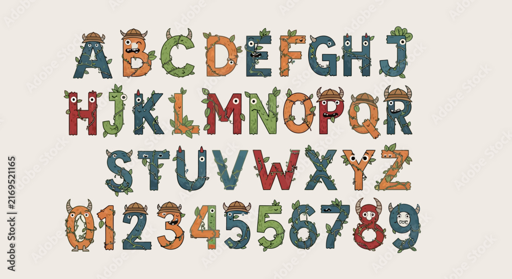 Fototapeta premium Fun Monster Alphabet Letters and Numbers - Cute Cartoon Kids Learning