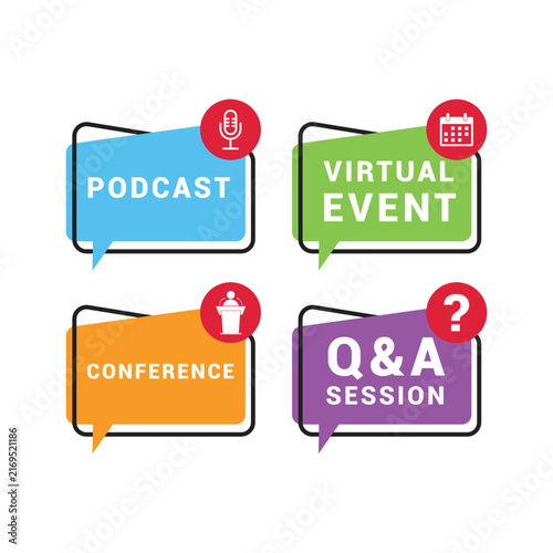 Virtual Event Podcast Conference and QA Session Speech Bubble Label Badge Vector Set