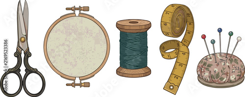 Vintage Sewing and Needlework Craft Vector Set with Scissors Embroidery Hoop Thread Spool Measuring Tape and Pincushion Icons for Tailor Workshop Graphic Designs