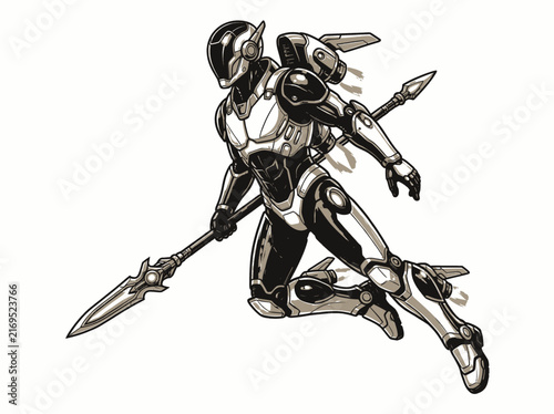 Futuristic armored warrior running with glowing sword dynamic action fantasy sci fi knight armor battle scene