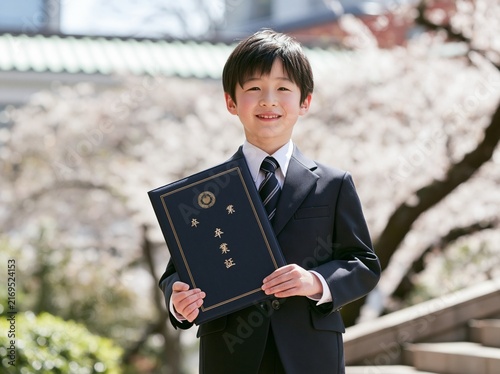 Fototapeta 卒業式にビシッと制服を着用し卒業証書を持って誇らしく微笑む男の子