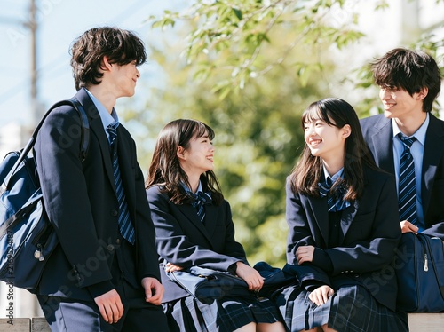 桜咲く春の通学路で楽しそうに談笑しながら歩く制服姿の高校生たち