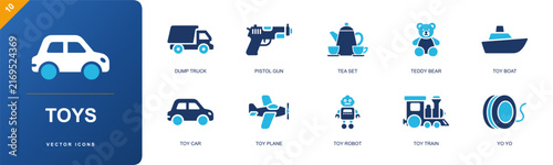 Children's classic toys icon set containing dump truck, toy pistol, tea set, teddy bear, toy boat, toy car, toy airplane, toy robot, toy train, yo-yo and more as solid fill vector icons.