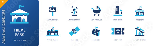 Theme park icon set. Containing airplane sign, amusement ride, baby stroller, drop tower, fair booth, park entrance, park pass, prize box, ride ticket and more. Solid fill vector icons.