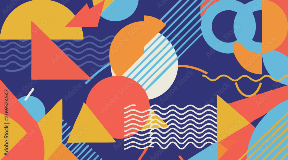 Obraz premium Vibrant Abstract Geometric Pattern with Circles, Triangles, and Waves