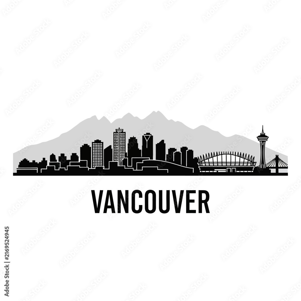 Obraz premium Vancouver City Skyline Silhouette - Black and White Illustration