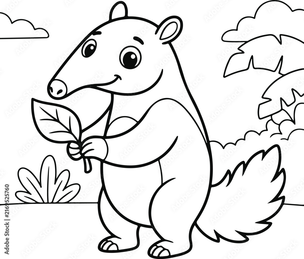 Fototapeta premium Cute cartoon anteater holding a leaf in the jungle, coloring page for kids