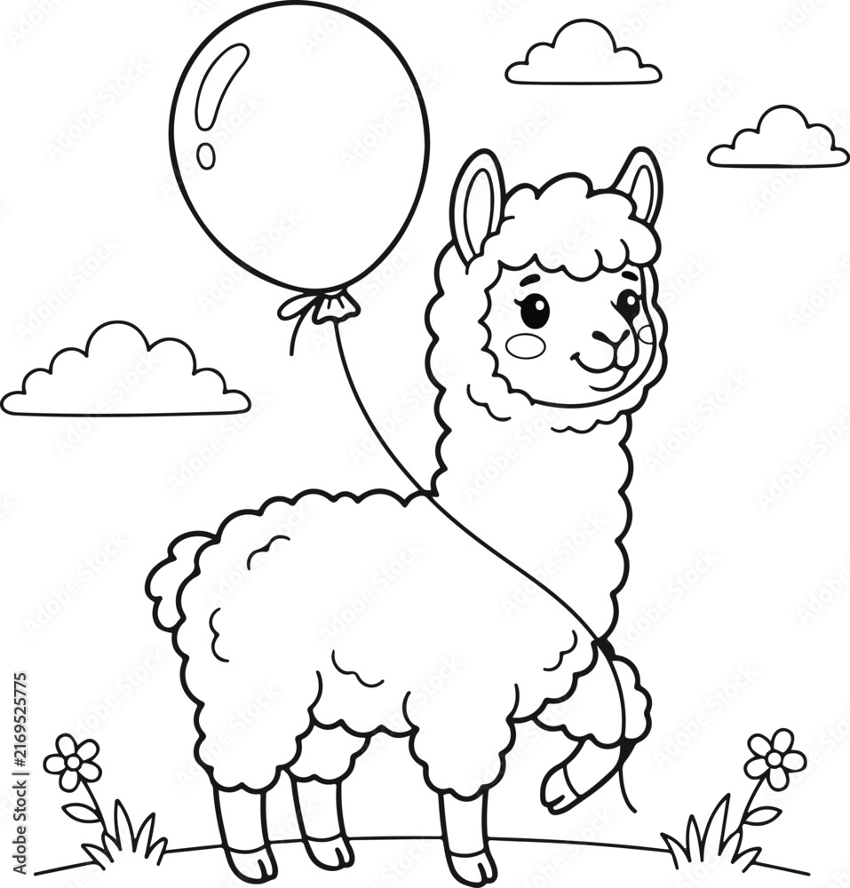 Naklejka premium Cute cartoon llama holding a balloon in a meadow with flowers and clouds