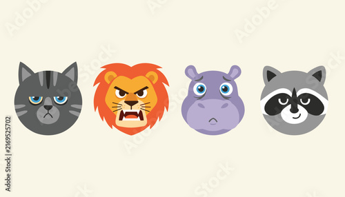 Set of four cartoon animal faces shows a grumpy cat, angry lion, sad hippo, and happy raccoon with expressive features.