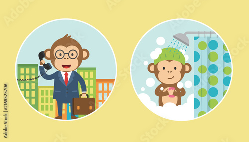 Funny monkey character is depicted as a professional businessman with a briefcase and enjoying a relaxing soapy shower.