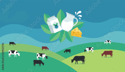 Dairy farm illustration depicts cows grazing in green pastures below icons of milk cartons, fresh cream, and yellow cheese.