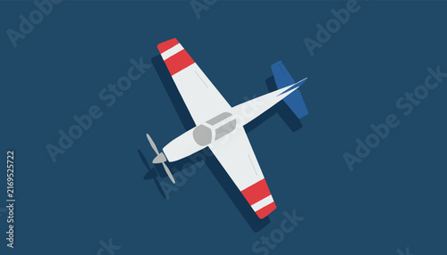 Propeller airplane illustration seen from above featuring a white fuselage with vibrant red wing tips and a blue tail against a dark background.