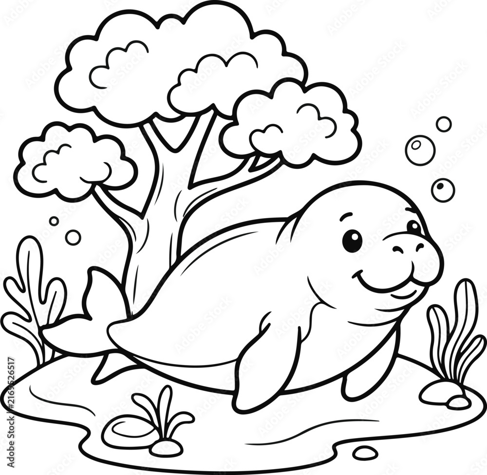 Obraz premium Cute cartoon manatee swimming underwater with sea plants and bubbles