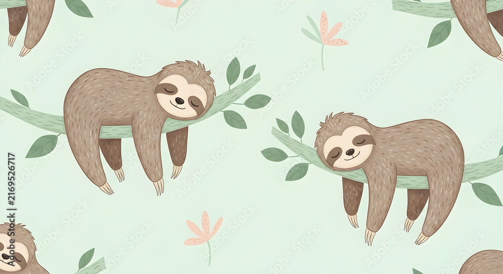 Naklejka premium Cute sleeping sloths on branches seamless pattern with green leaves and subtle flowers