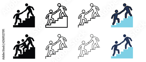 people helping each other climb stairs in various stages and styles isolated on transparent background