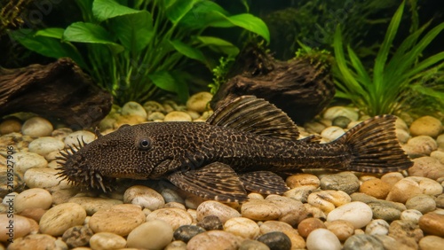 Freshwater tank algae eater – sucker fish near aquatic plants authentic detail authentic detail