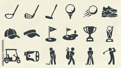 Collection of golf icons, equipment, and player silhouettes on a light background