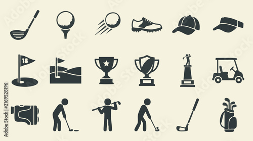 Golf icons set, sports equipment and player symbols collection