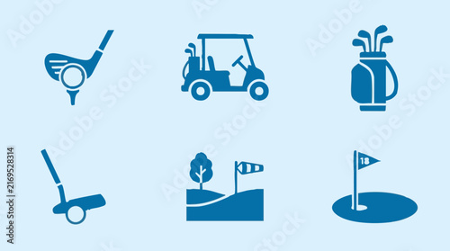 Golf sport equipment and course icons set on light blue background