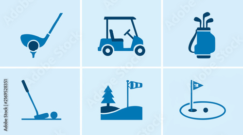 Collection of Golf Icons: Club, Cart, Bag, Putter, Windsock, and Hole