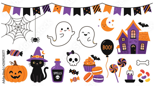 A delightful and spooky halloween collection featuring ghosts pumpkins cats and charming haunted house elements for festive celebrations